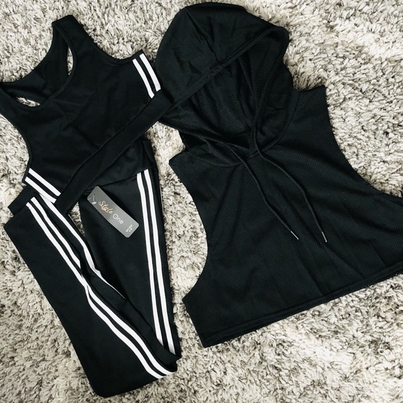 Black Striped Legging Bra Crop Top 3PC Active Set - Picture 4 of 9
